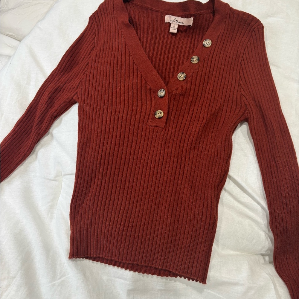 Burnt Orange Ribbed Sweater with Button Detail